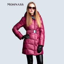 MOHNASS 2015 Winter Hooded design Elastic Belt Long and Thick Overcoat waistband Elegant Slim down coat 2A7226-20