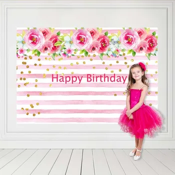 

Flowers Stripes Pink Happy Birthday Photo Background Photography Backdrops Quality Vinyl