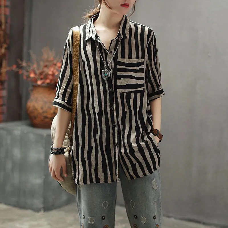 

F&je New Arrival Women Shirts Plus Size Summer Vintage Striped Linen Blouse Turn-down Collar Female Loose Casual Ladies Tops D2