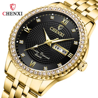 

CHENXI Mens Watches Top Brand Luxury Golden Full Steel Quartz Watch Men Gold Clock Fashion Male Waterproof Diamond Wristwatches