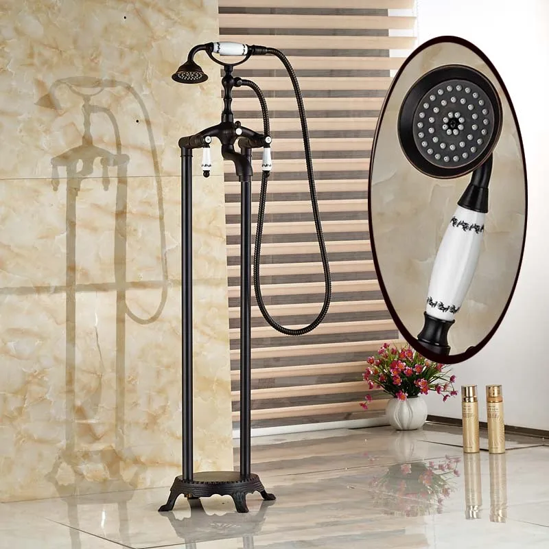 Floor Mounted Oil Rubbed Bronze Free Standing Bathtub Faucet Shower