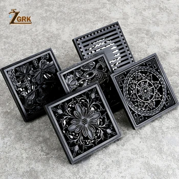 ZGRK Drain 10cm Square Black Brass Shower Drain Strainer Floor Cover Art Carved Balcony Bathroom Bath Accessories Grate Waste 24 long floor drain stainless steel bathroom shower square floor waste grate sanitary pop up drain