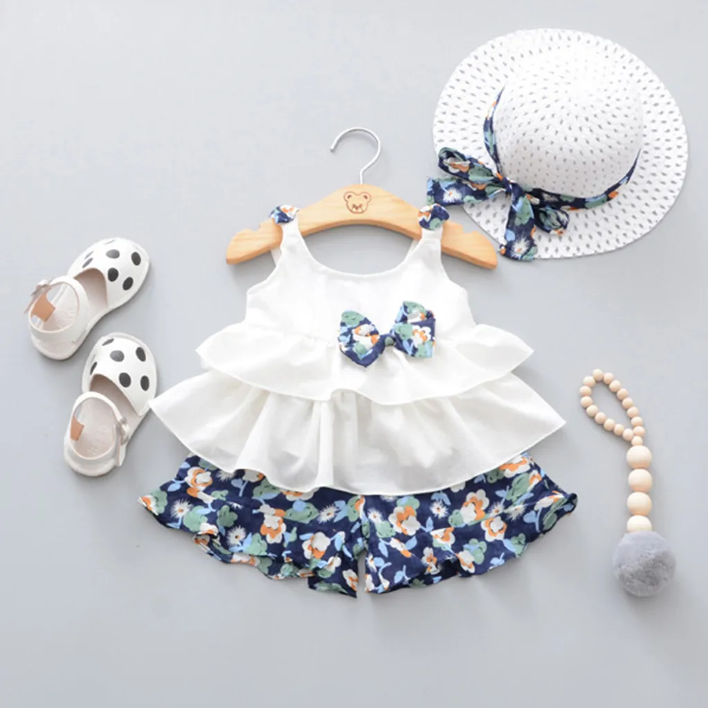 KLV/Милая Одежда для новорожденных девочек топы без рукавов с оборками и бантом для новорожденных девочек+ шорты с цветочным принтом+ шапочка, комплекты,# y20