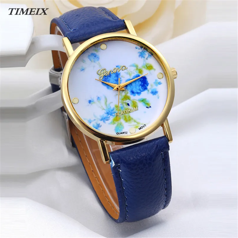 2017 New Design Lady Watch Blue Rose Dial Leather Band Quartz Analog