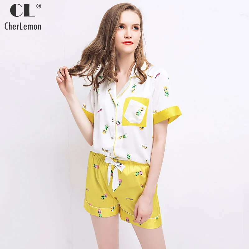 CherLemon женские летние тонкие атласные пижамы Сладкий Ананас печати лоскутное пижама одежда с коротким рукавом отложным воротником пижамы
