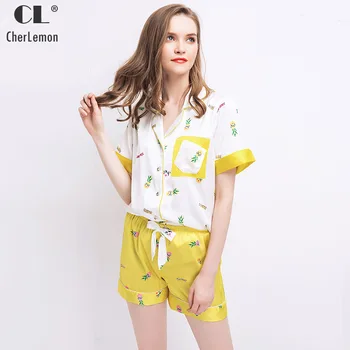 

CherLemon Womens Summer Thin Satin Pajamas Sweet Pineapple Print Patchwork Pijama Mujer Short Sleeve Turn Down Collar Sleepwear