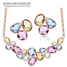 Neoglory chapado en oro perlas de cristales de colores de moda nupcial sistemas de la joyería grande collar collares pendientes 2017 de las mujeres de moda