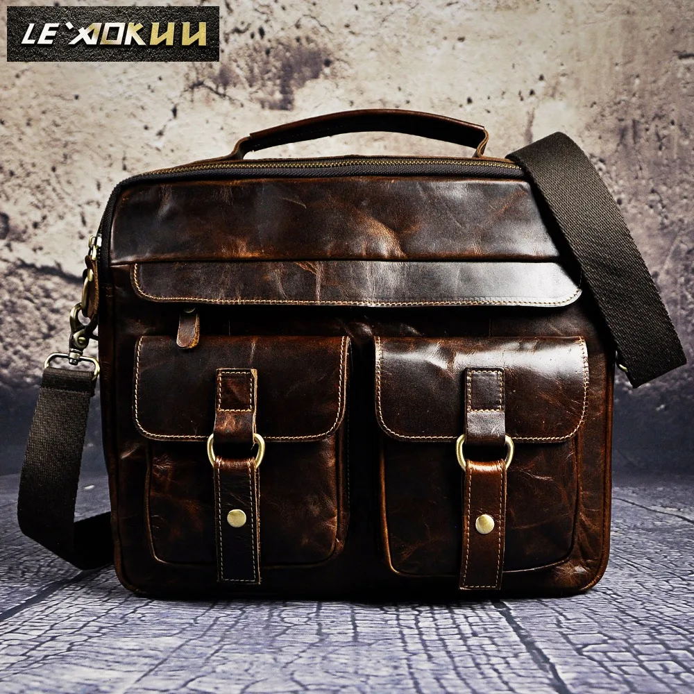 Men Real Leather Antique Design Business Briefcase 13" Laptop Bag Attache Portfolio Bag Tote One Shoulder Messenger Bag B207-c