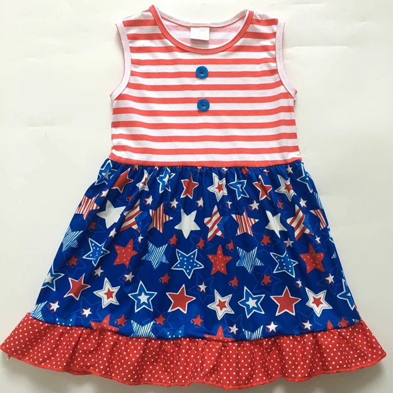 

2019 new baby girl dress sleeve round neck print star pattern July 4th Independence Day girl dress