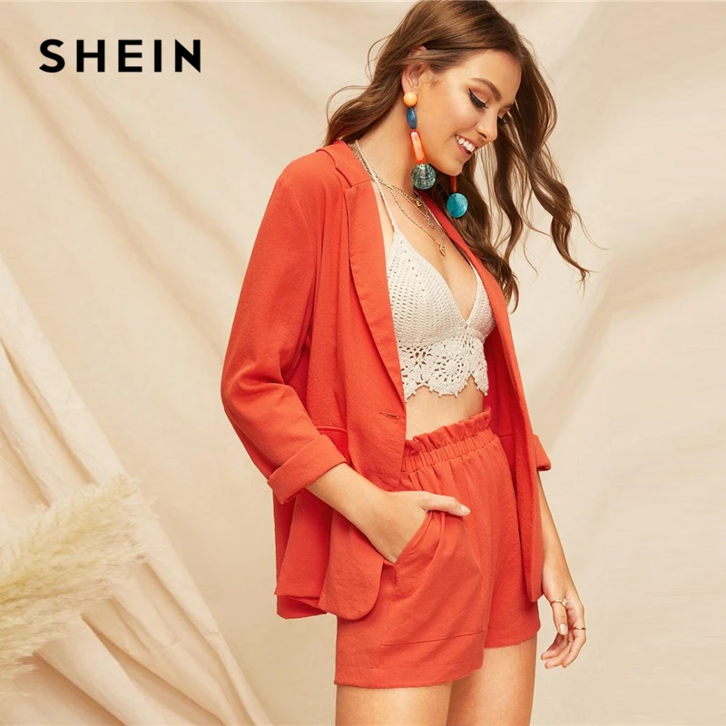 SHEIN Однотонный Жакет С Пуговицами И Разрезом На Воротнике Женский Повседневный Блейзер С Длинным Рукавом