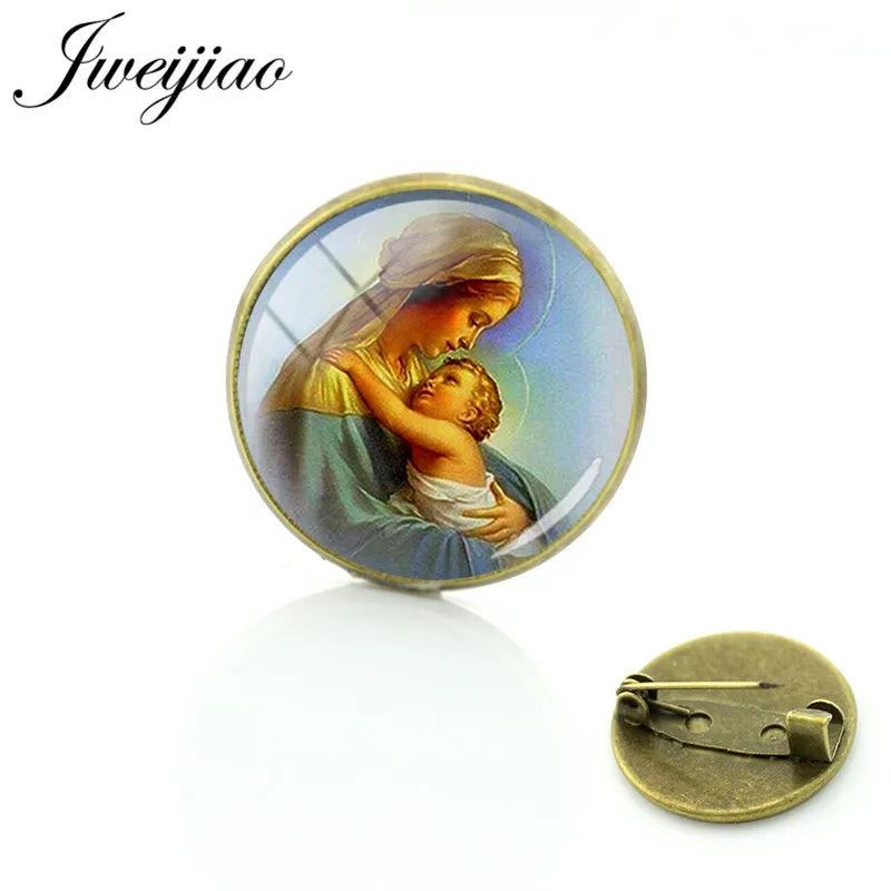 

JWEIJIAO Vintage Virgin Mary Religious Catholic Brooches Glass Cabochon Brooch Jewelry Bronze Metal Pins For Clothes Bag MY04