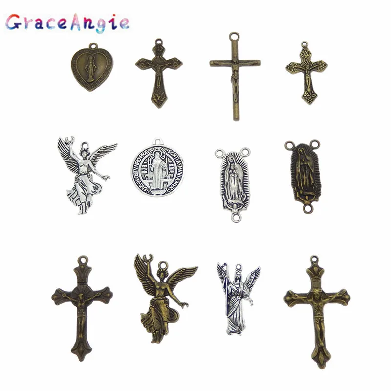 

GraceAngie 12pcs/pack Mixed Rosary Cross Rosary Bead Necklace Making Alloy Crucifix Cross Pendants and Virgin Links Accessories