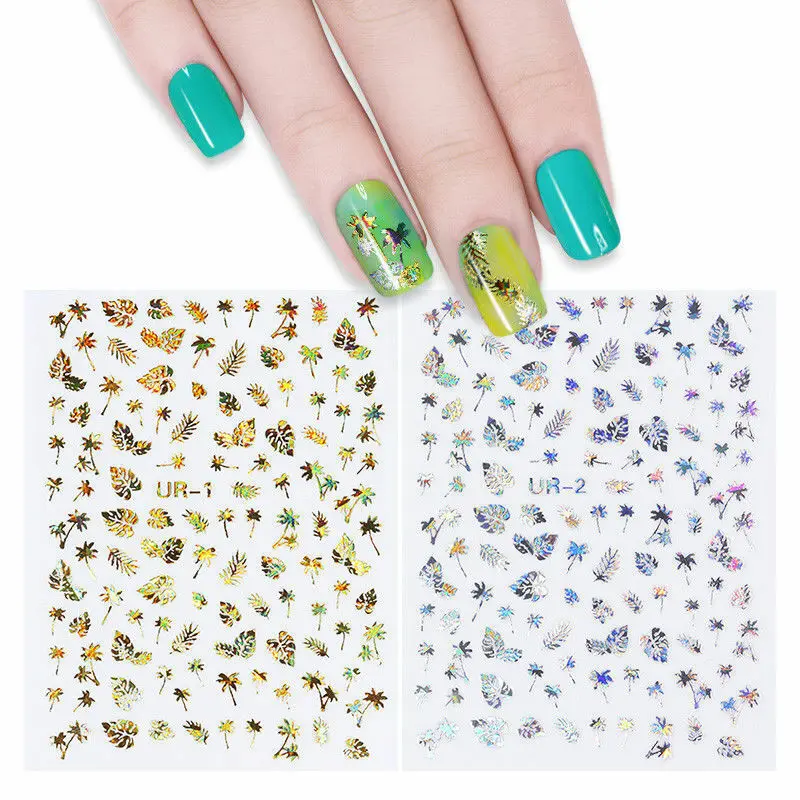 New 1 Sheet Holographic Gold 3D Nail Sticker Coconut Tree Leaf Holo Laser Adhesive Decal Sticker Manicure Nail Art Decoration