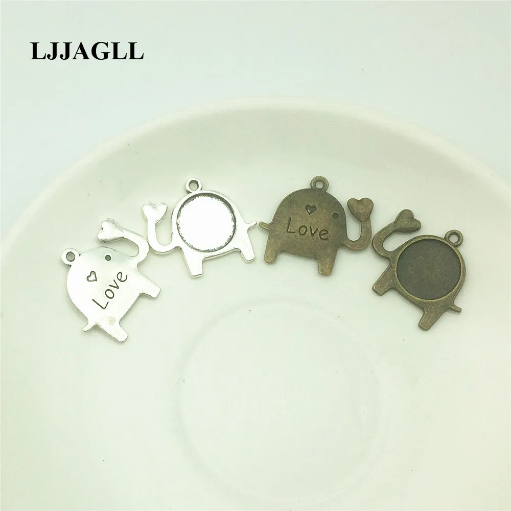 

LJJAGLL Tow Color 10PCS Alloy Fit 14mm Flat Cabochon Settings Couple Lovers Elephant Blank Cameo Base Diy Jewelry Making AXDT023