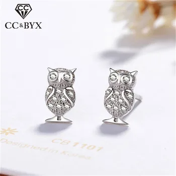 

CC S925 Sterling Silver Stud Earrings For Women Animal Owl Trinket Jewelry Cubic Zirconia Cute Lovely Aretes Accessories CCE308
