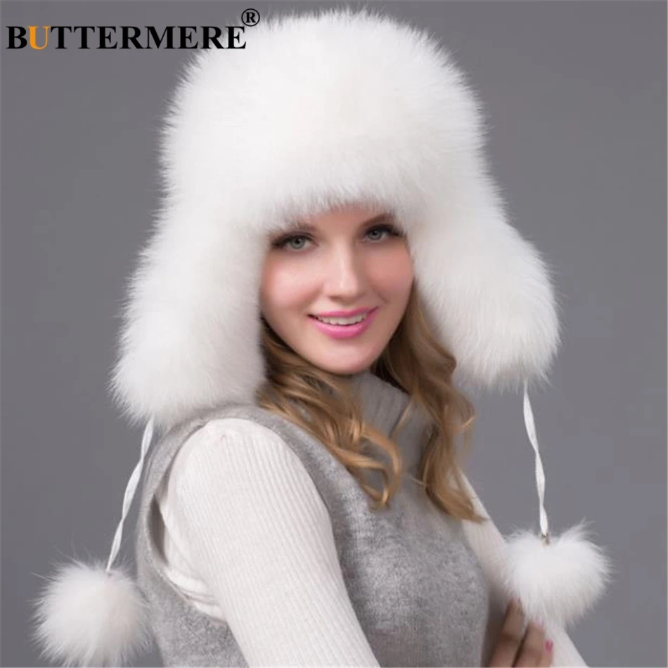 

BUTTERMERE Bomber Hat Real Raccoon Fur Pom Pom Russian Ushanka Hats For Women Earflaps White Winter Warm Female Outdoor Bombers