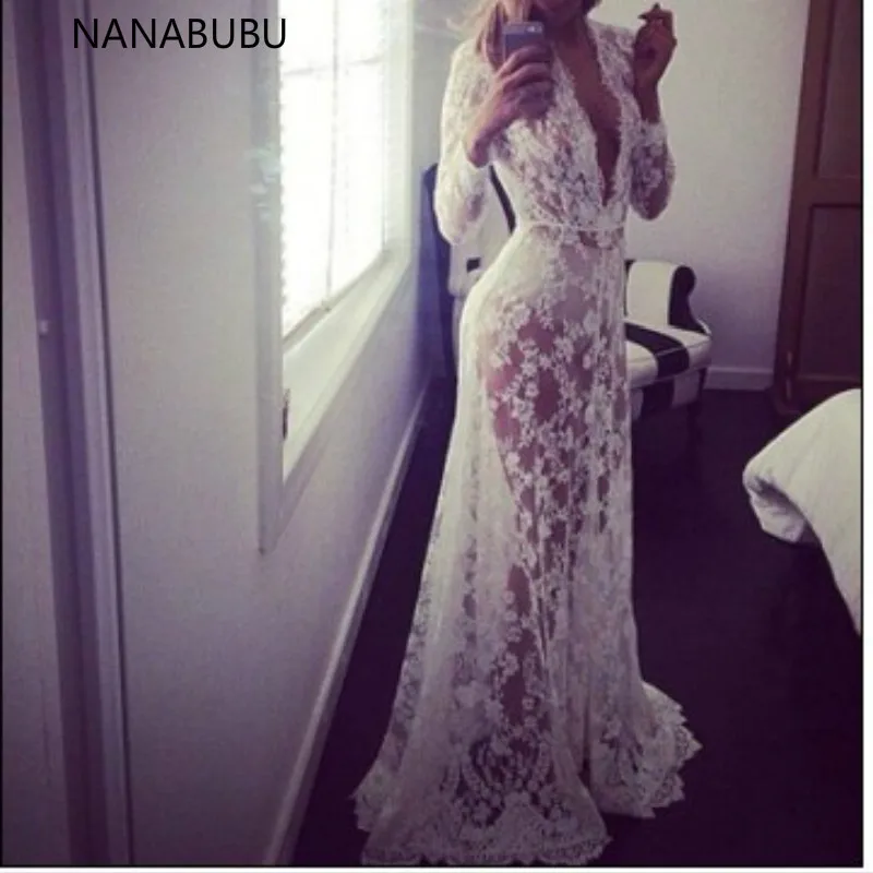 NANABUBU New Maternity Sexy Deep V Neck Glamour See-through Hollow Lace Long Maxi Dress Beach Plus Size Robe Vestidos | Женская одежда