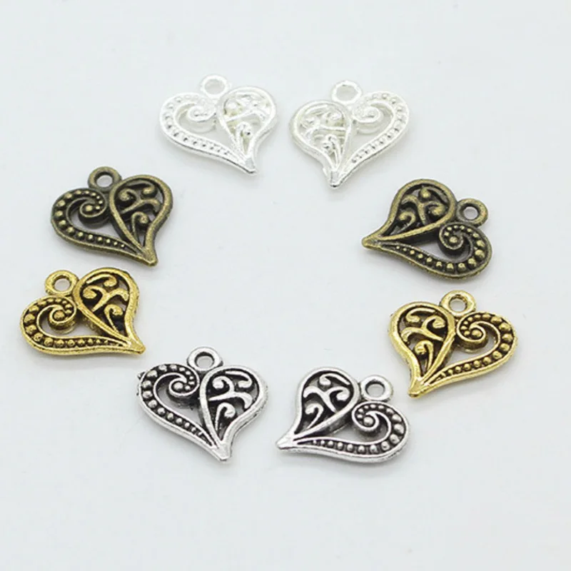 REGELIN 15*14mm 50pcs/lot Antique gold/silver/Bronze Hearts Love Shape Charms Small Metal Leaf DIY Jewelry Findings Accessories