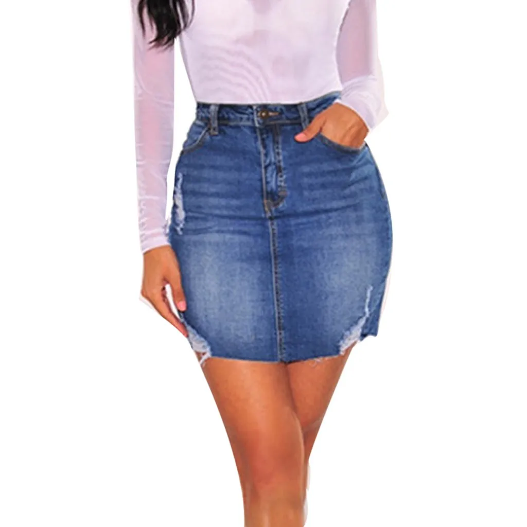 

2019 Summer Destroyed Denim Skirt Women Casual Pencil Jeans Mini Skirt Female Streetwear Sexy Skirts Hot Sale