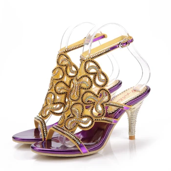 

2019 Summer New Fashion Large Size Purple Clover Pattern Stiletto Sandals with Rhinestones High Heels Ceremony Dinner Shoes 8CM