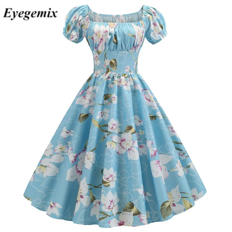 

2019 Fashion Women Floral Print Short Sleeve Square Neck Slim Casual Sundress Plus Size Beach Dress Bohemian Style Clothes