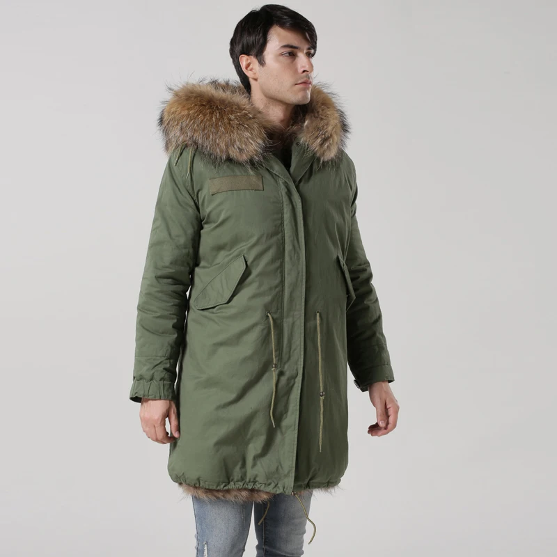 Зимнее пальто с подкладкой из лисьего меха, Мужское пальто армейского зеленого цвета, длинное стильное модное мужское ветрозащитное пальто с натуральным лисьим воротником, заводская цена, верхняя одежда