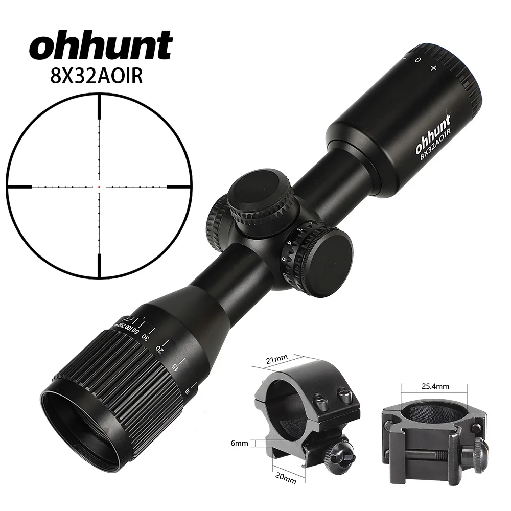 Охота ohhunt 8X32 AOIR компактные тактические оптические прицелы Mil Dot с подсветкой Стекло гравированное сетка башенки сброс оптики прицел - Цвет: with Picatinny Rings