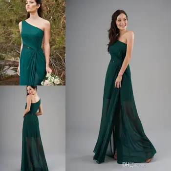 

Cheap Green Chiffon Bridesmaid Dress One Shoulder Ruched Floor Length Simple Elegant Beach Country Maid Of Honor Gowns
