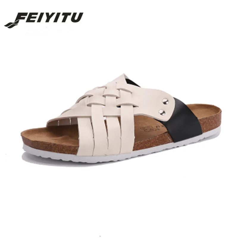 FeiYiTu/Новинка; летние сандалии; пляжные пробковые шлепанцы въетнамки; мужская повседневная обувь на плоской подошве; цвет белый, черный; большие размеры 35-45 - Цвет: 1