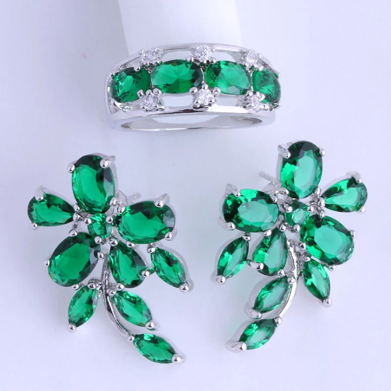 

Love Monologue Lrregular Style Green Imitation Emerald 925 Stamp Silver Color Ring & Stud Earring Jewelry Sets for Women JS003