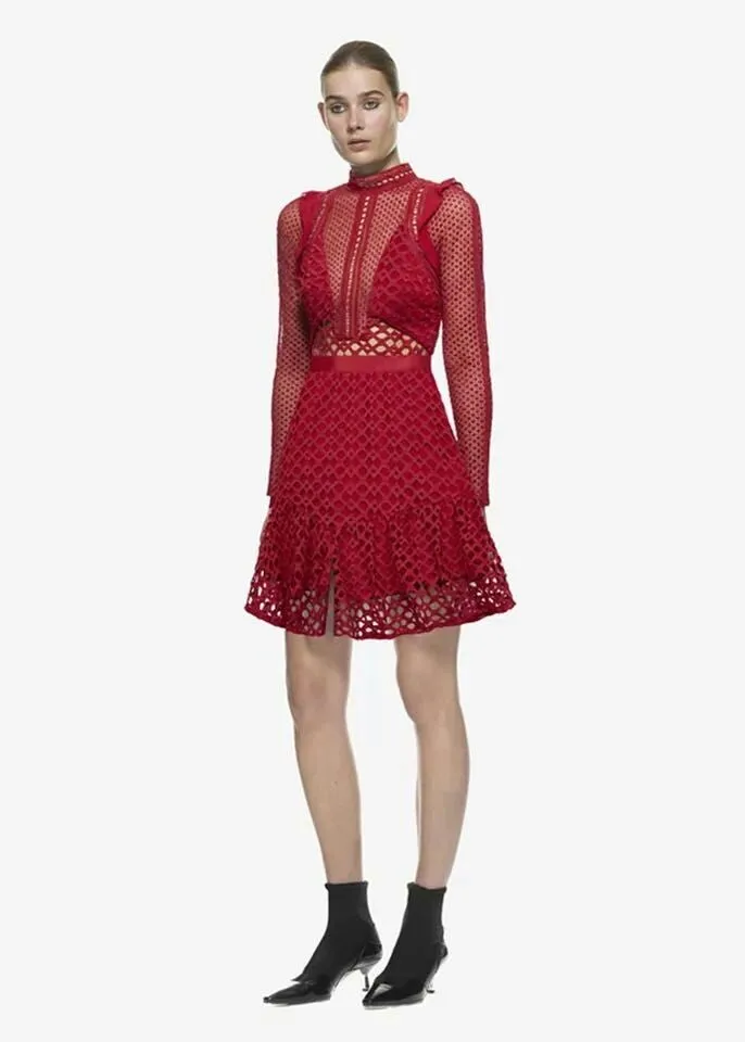 YiLin Kay, высококачественные женские вечерние платья на заказ, сексуальные женские платья, осень, модное подиумное стильное открытое красное кружевное платье