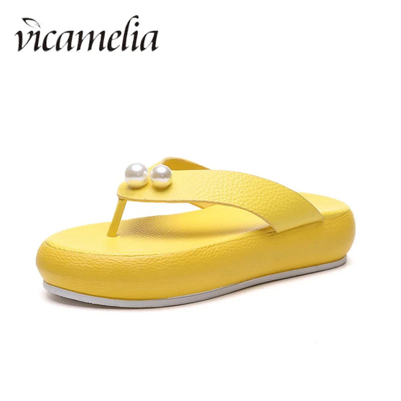 Vicamelia/летние модные шлепанцы на платформе с жемчугом женские мягкой толстой