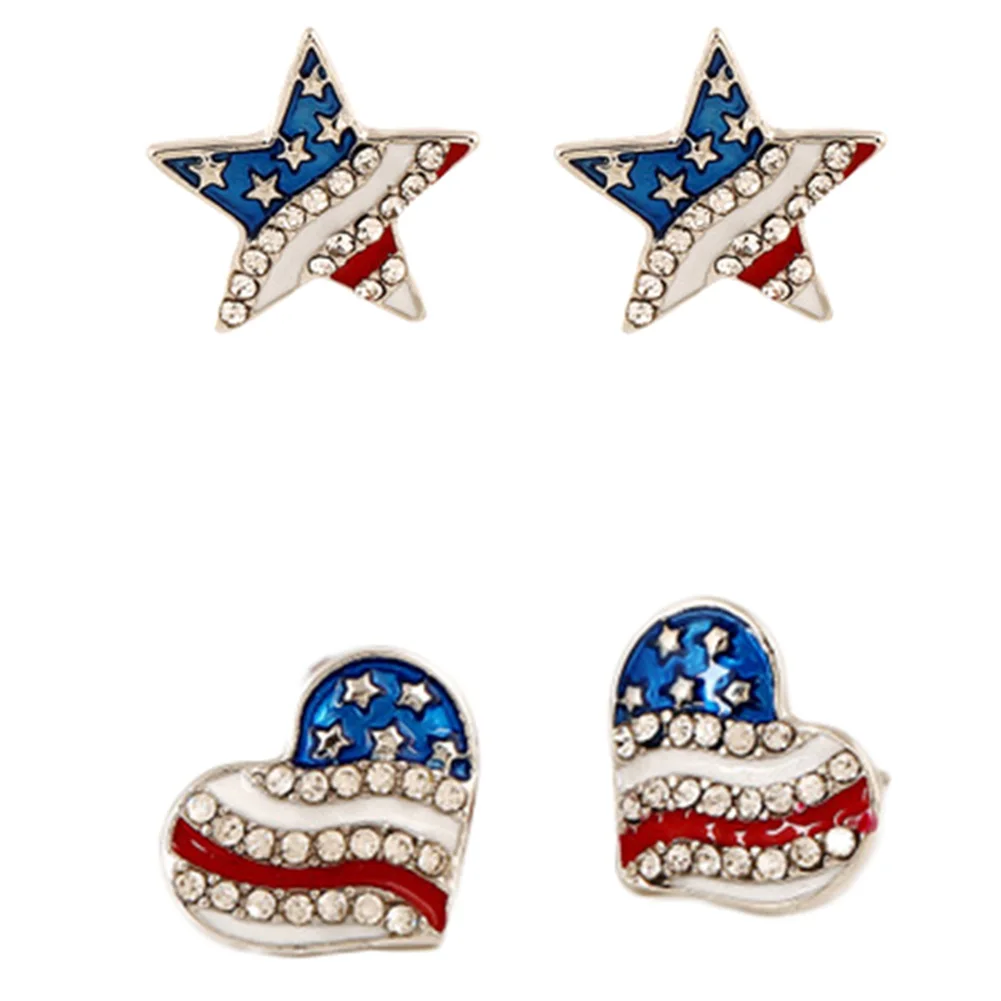 

New Arrival Heart Crystal Ear Studs Fashion Star Shape American Flag Earrings For Women Patriotic Jewelry Gifts
