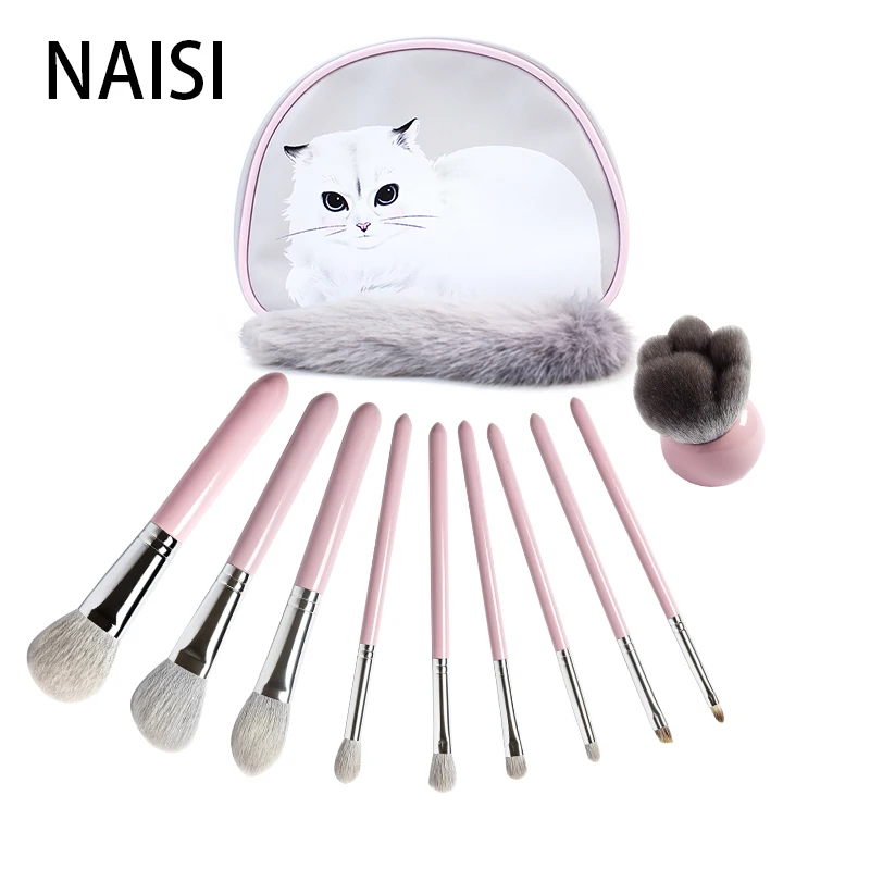 

NAISI 10Pieces pink cute makeup brush set professional make up brush for makeup foundation eyeshadow powder blusher goat hair