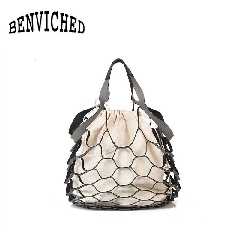 

BENVICHED 2019 new fashion personality hollow bag beach net drawstring combination shoulder bag R507