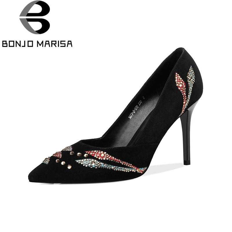 

BONJOMARISA 2018 Kid Suede Slip On Thin High Heels Women Shoes Woman Black Woman Pumps Shoes Size 34-39