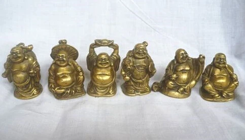 

$old craft$ Chinese Brass YuanBao Wealth Money Bag 6 Happy Laughing Maitreya Buddha Statue (A0314)