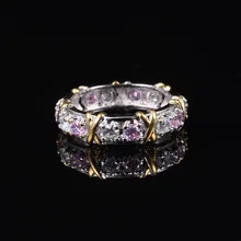 Brand Jewlery Lady’s 925 Sterling Silver pink Tanzanite Couple rings Yellow Gold Cross Eternal Wedding Ring for Women size 5-12