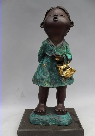 

free 15"Western Art sculpture Pure Bronze Marble Abstract Folk Girl Bell Statue fast