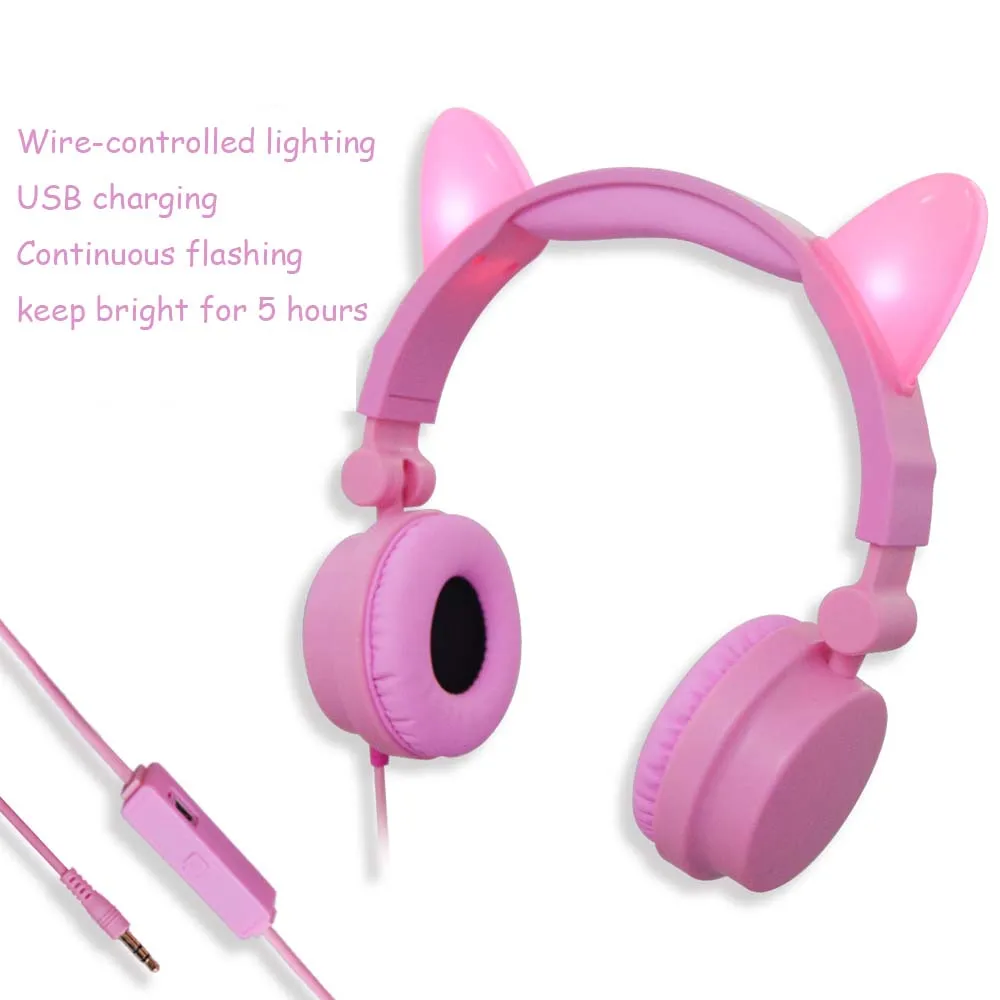 JINSERTA Portable Kids Headphones Glowing Cat Headphone Children Over Ear Headset with Adjustable headband USB Charging Cable