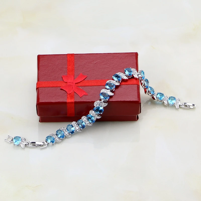 

Precious Sky Blue Australian Crystal White CZ 925 Sterling Silver Chain Link Bracelet Charm Vintage For Women Free Gift Box