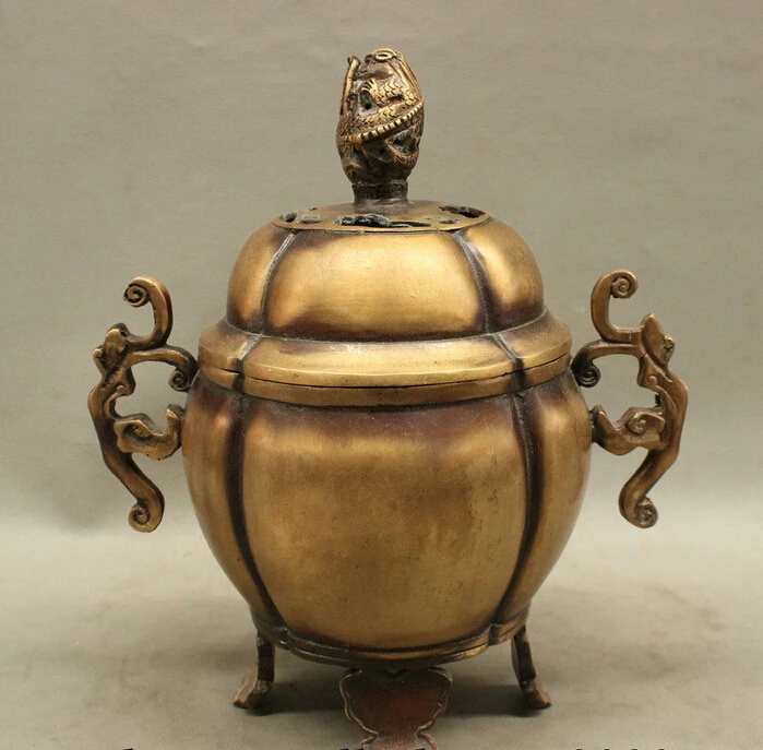 

10" Chinese Bronze Palace Dragon Unicorn Handle Statue Incense Burner Censer