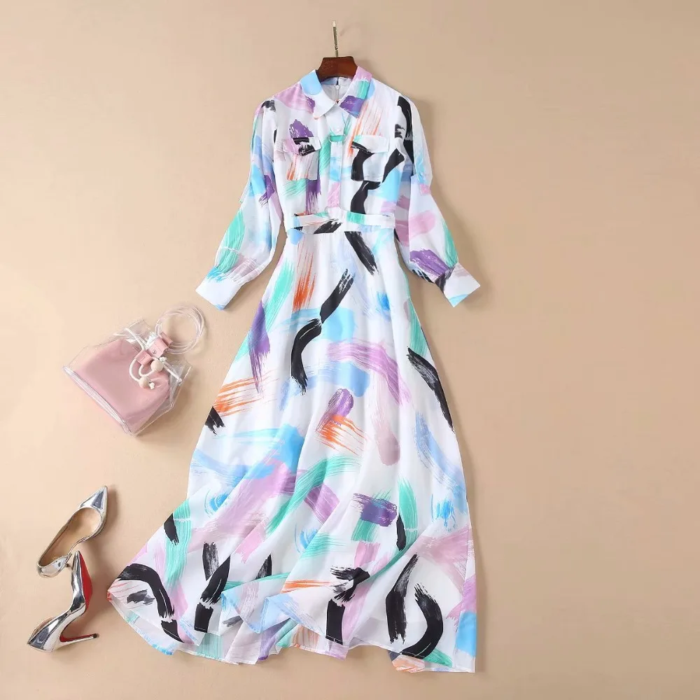 

Runway Designer 2019 Spring Summer Dress Women's High Quality Long Sleeve Colorful Printed Lady Maxi Shirt Dress