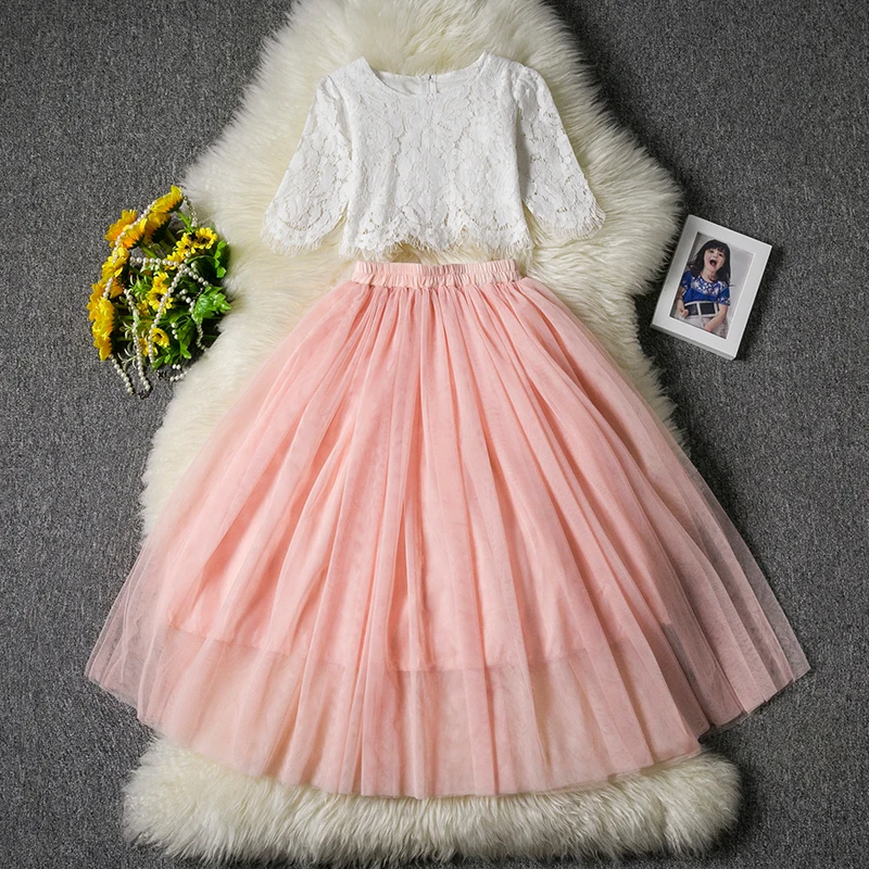 Летнее розовое платье комплект детской одежды для девочек, кружевной топ с коротким рукавом+ длинное платье принцессы цвета шампанского детская одежда для свадебной вечеринки