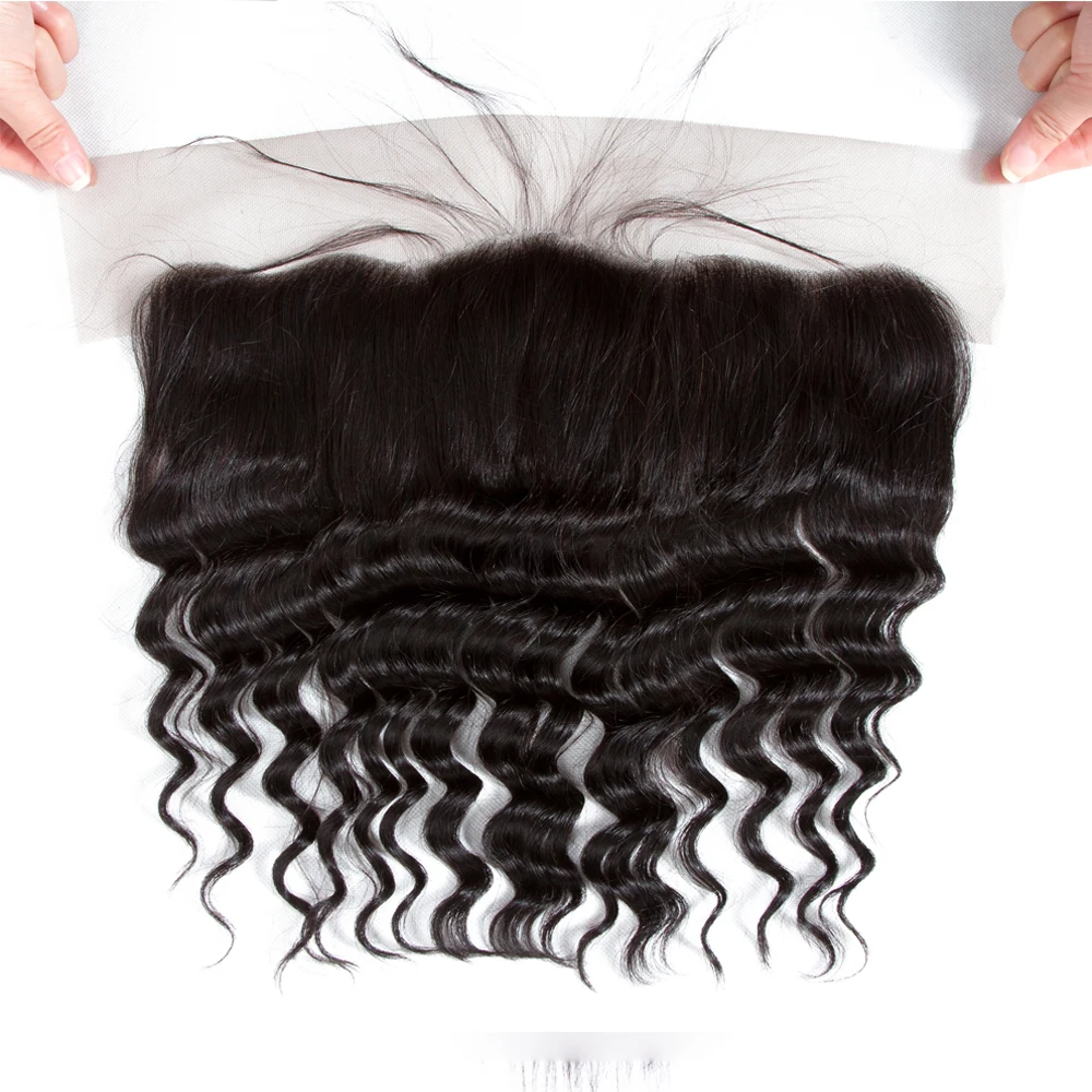 QT Malaysian Hair Loose Deep Wave Lace Frontal Closure Ear to Ear Pre Plucked 13x4 Swiss Lace Natural Color Remy Hair