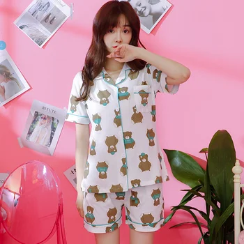 

Summer Women Pajama Set Short Sleeve Pure Cotton Sleepwear Female Casual Lapel Cardigan Patten Print Leisure Pyjamas Set 18003