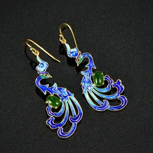 Высокое качество синий Феникс перегородчатой ручной Книги по искусству 925 стерлингов Серебряные серьги комплект с зеленым камнем оригинальные украшения