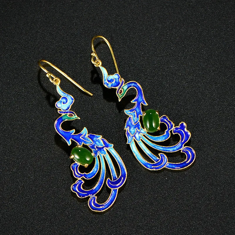 

High Quality Blue Phoenix Cloisonne Hand-crafted Art 925 Sterling Silver Earrings Set with Green Stone Original Jewelry