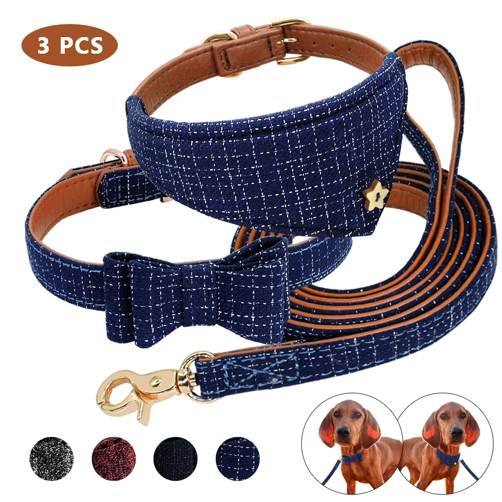 

Pet Dog Collar Bandana Leash Set Dogs Cat Bowknot Leather Collars Bandana Scraf With Walking Lead Leashes Pets Supplies