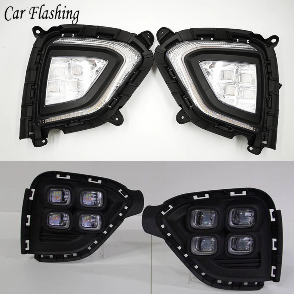 

Car flashing 1Pair DRL For Hyundai Creta IX25 2017 2018 LED Daytime Running Light fog lamp DRL with yellow turning signal lamp